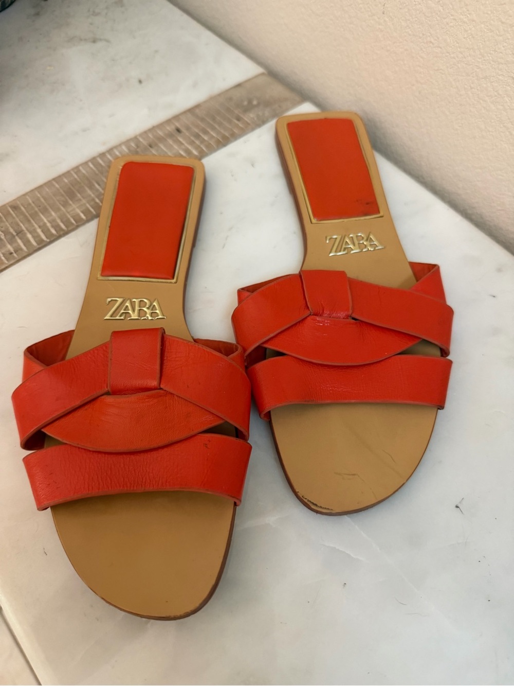 Zara Orange Crossed Strap Flat Slide Sandals Size 37/US 6.5 Summer Resortwear